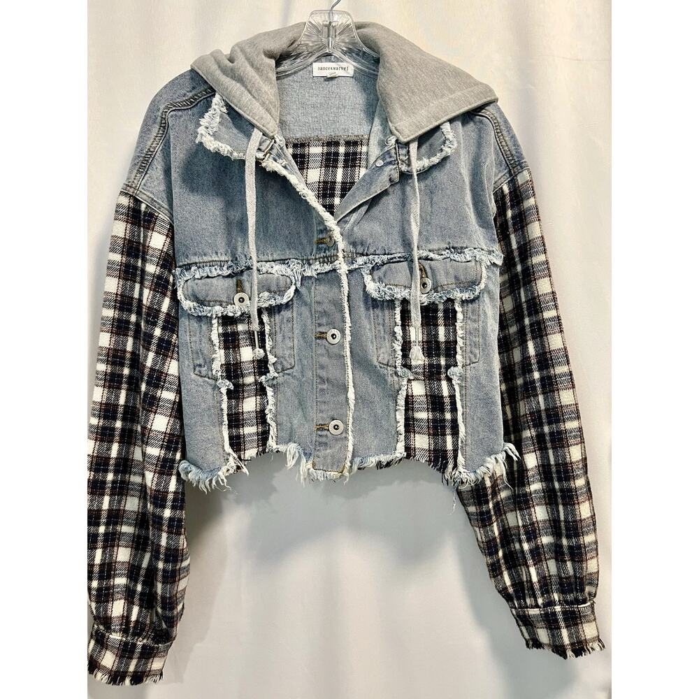 Dance & Marvel | Plaid Hooded Jacket Womens Crop Jean Shacket 90s Grunge-Large